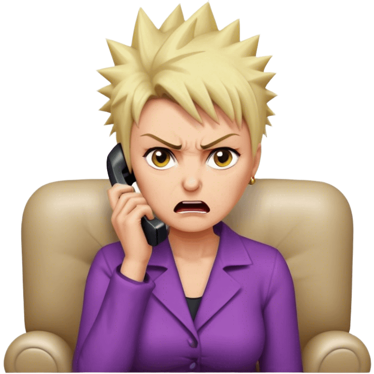 Short Blonde spikey mature woman on the phone angry sat on the sofa emoji