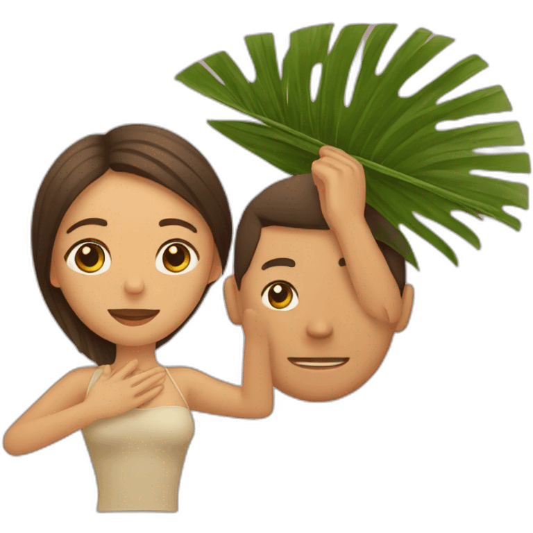 a man is laying and a woman is fanning him with palm leaf emoji