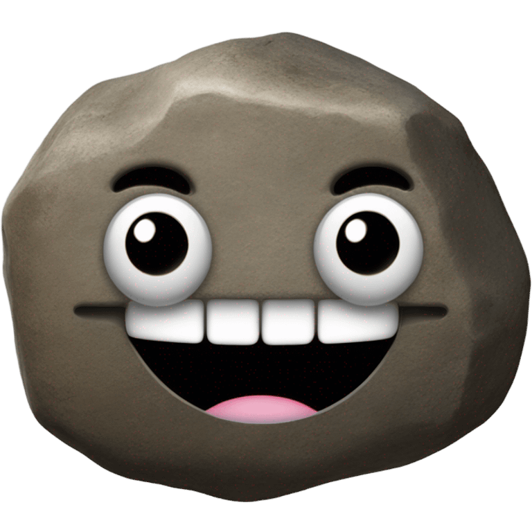 Semicircle shaped rock with legs and dark circles eyes and a big smile emoji