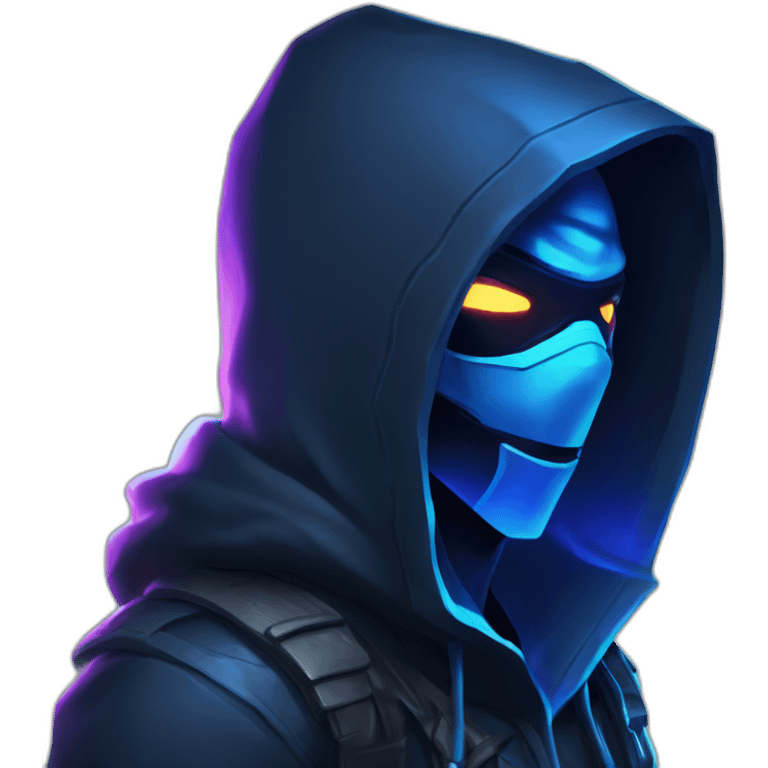 developer behind his laptop with this style : Riot Games Valorant dark blue glowing bright neon blue sparks black hooded assassin themed character emoji