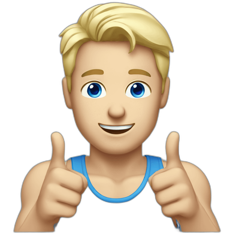 white blonde man with blue eyes and tanktop points finger to the top emoji