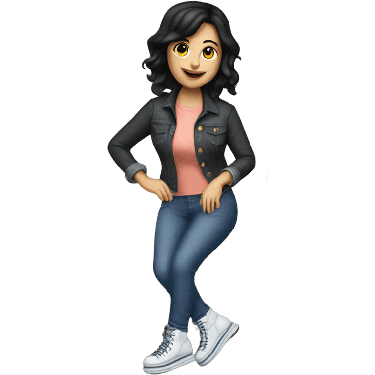 One Caucasian woman with black hair wearing jeans on roller skates cooking pancakes emoji