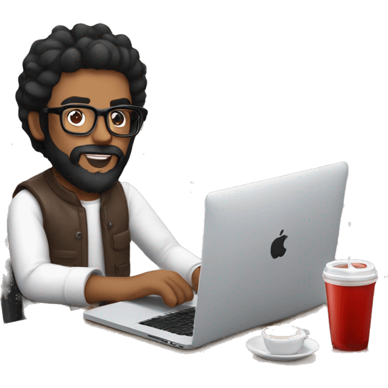 Designer with black hair, beard and glasses working with MacBook and drinking cappuccino with ketchup bottle emoji