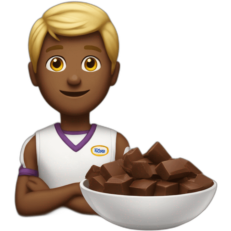 ste ellis next to a while bowl filled with chocolate emoji