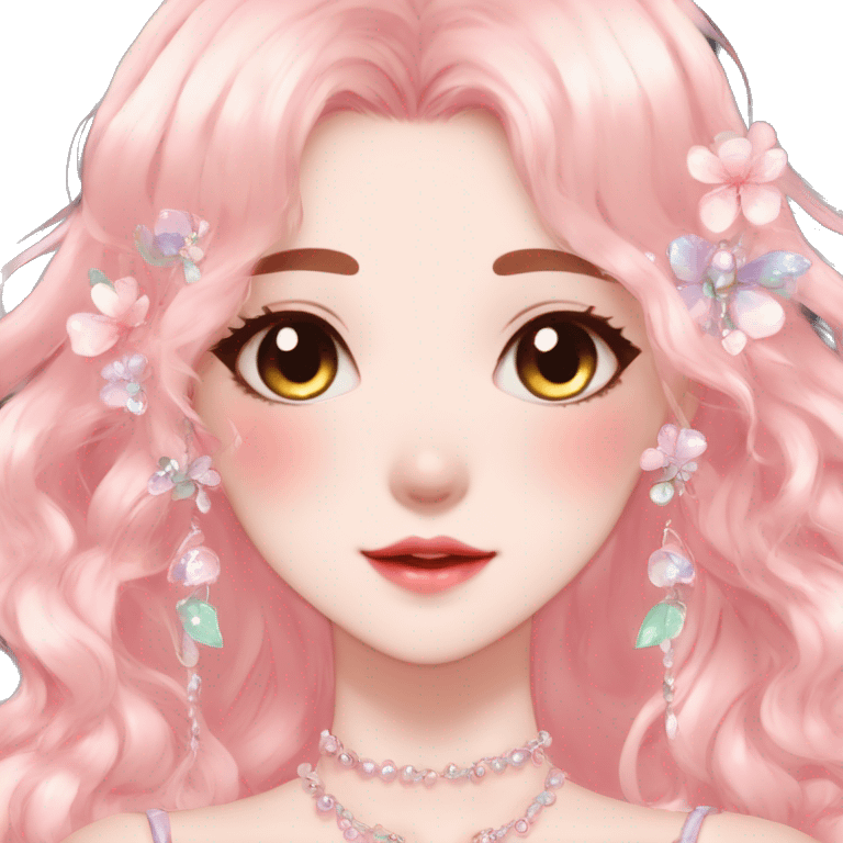 Gorgeous anime style lady with blushing face and accessories cottagecore fairycore Kawaii anime colorful pearly romantic aesthetic trending style emoji