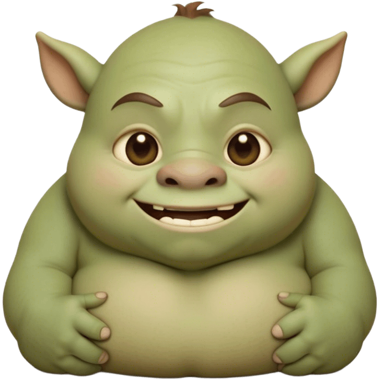 Cinematic Cute Ogre Portrait Emoji, with a surprisingly endearing, plump and huggable figure in soft earthy greens and browns, featuring big, kind eyes and a bashful smile, simplified yet irresistibly adorable, highly detailed with a soft glowing outline that captures the charm of a friendly giant who seems ready for a warm hug! emoji