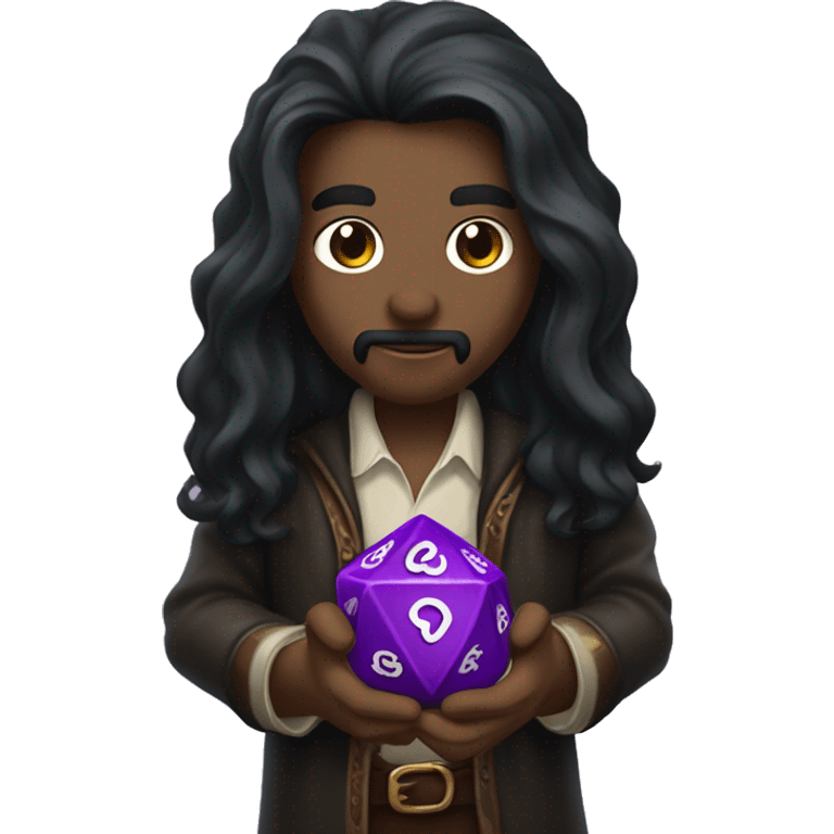 Long dark hair dungeon master holding a D20 dice emoji