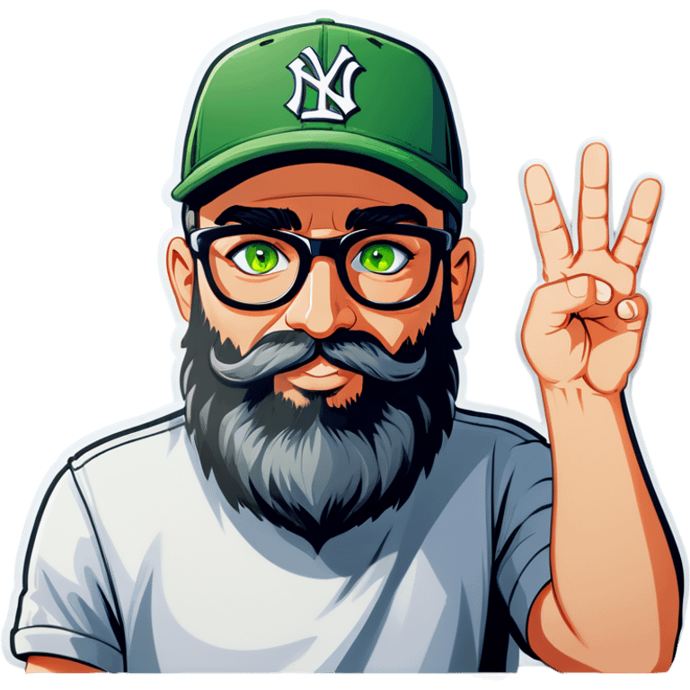 A bold man with a grey baseball cap, green eyes, big beard and glasses, waving  emoji