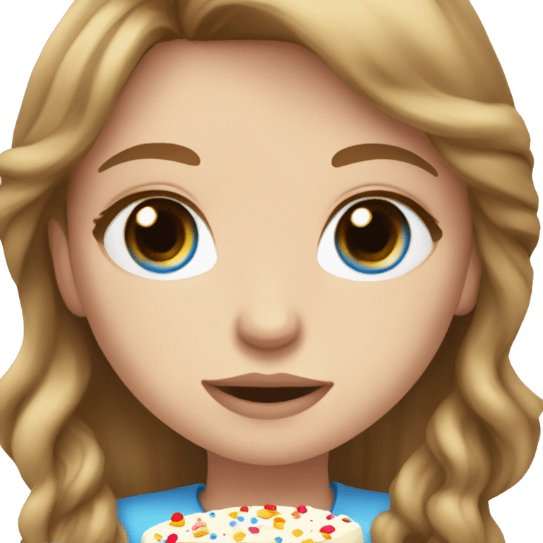 girl with brown hair with blond highlights and blue eyes eating cake long hair and pale skin with freckles  emoji