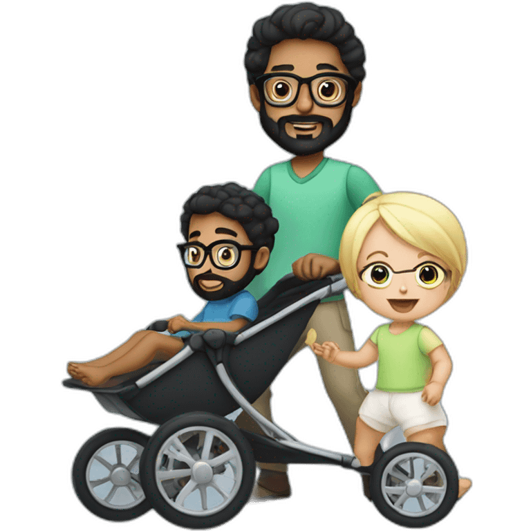 Black haired man with beard and glasses pushing buggy with blonde baby emoji