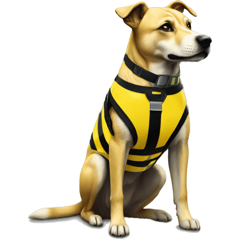 Yellow and black striped caution dog covered in caution tape and holographic harness graffiti emoji