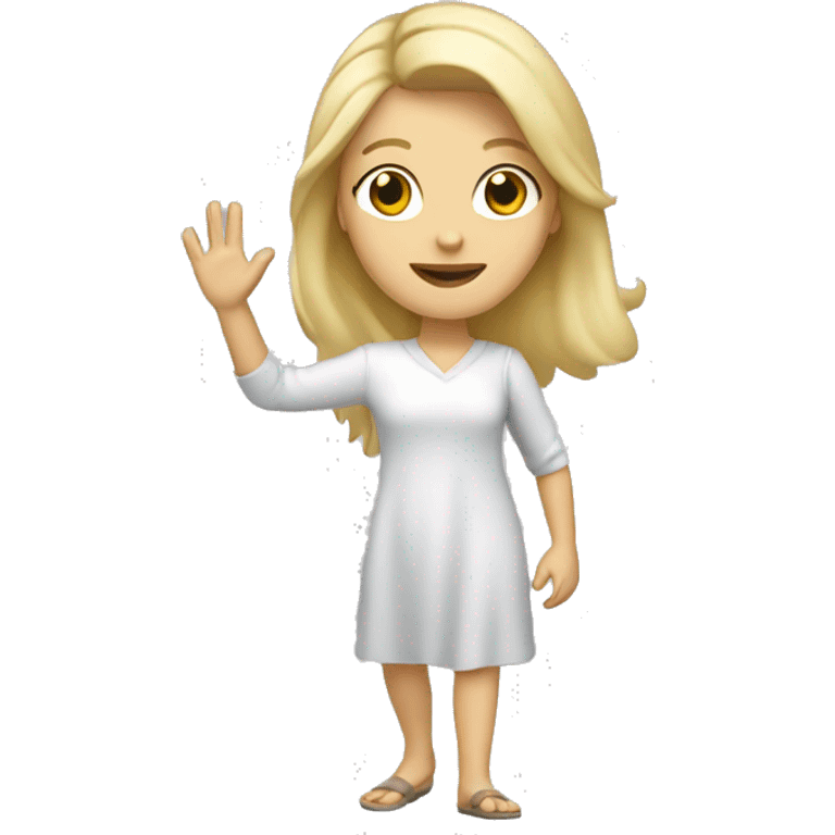 walking, white woman, a blonde, friendly waving, casual dress emoji