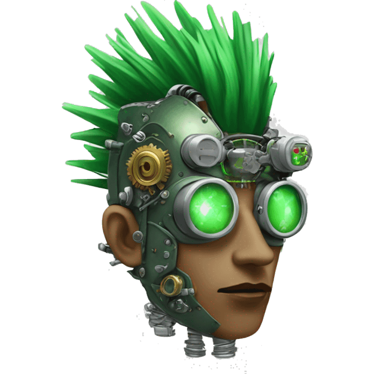 Green Mohawk cyborg head with grey steampunk goggles and circuitry emoji