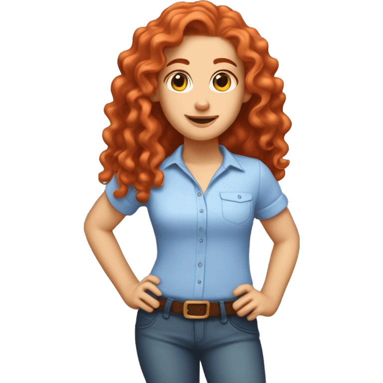 white girl with long red curly hair, wearing a pastel periwinkle shirt doing a pose emoji