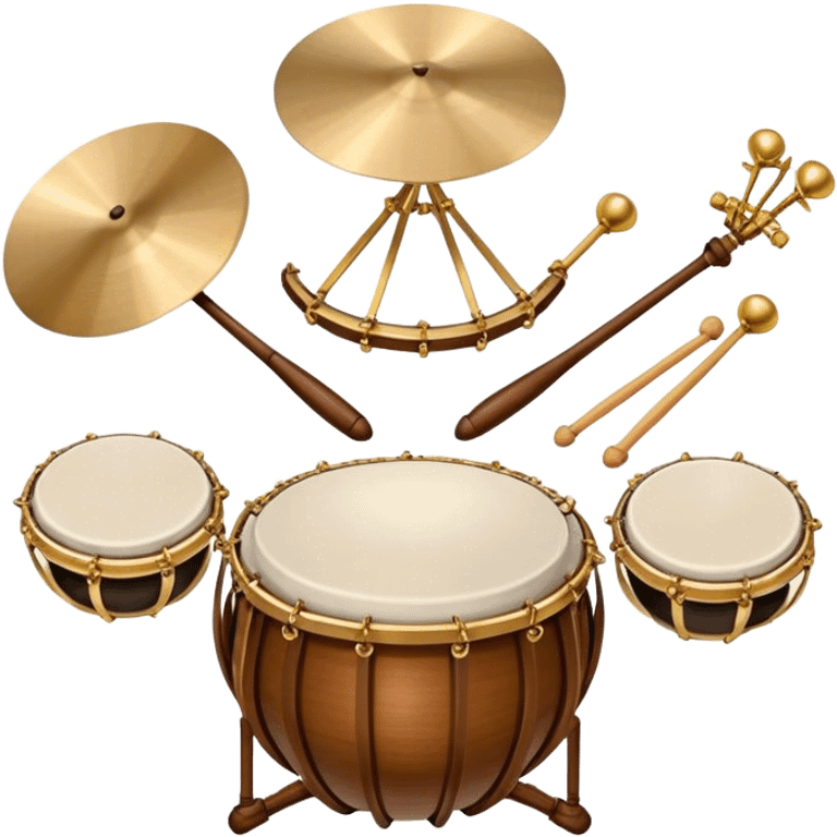 Create a heraldic, festive, and professional emblem-like emoji representing percussion instruments. The design should resemble a traditional crest, featuring a range of percussion instruments like cymbals, triangle, tambourine, maracas, timpani, and other traditional and folk percussion instruments. Arrange them symmetrically, with elements like cymbals crossing each other, a triangle at the center, and timpani or drums flanking the sides. The instruments should be depicted with metallic and wooden tones—shiny brass for cymbals, silver for the triangle, and rich wood or polished bronze for drums. Include ornate details like engraved patterns on the instruments, decorative swirls or laurels, and subtle accents to add elegance and festivity to the composition. The overall design should be cohesive, balanced, and visually striking, suitable for use as a prestigious emblem. The background should be transparent. emoji