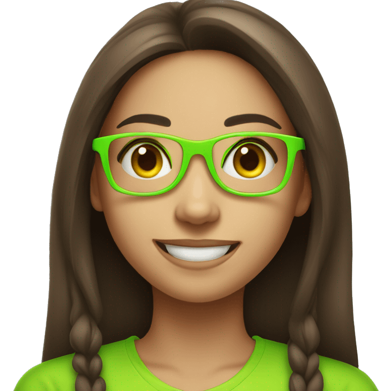 An emoji of a cute, long straight-haired brunette girl wearing glasses with a neon green frame, smiling warmly with a friendly expression emoji