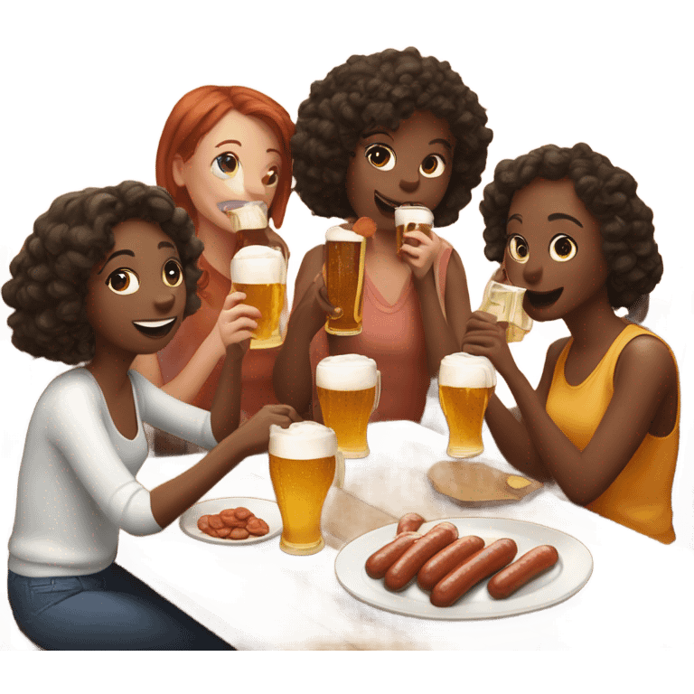 Five girls drinking pints of beer and eating sausage emoji