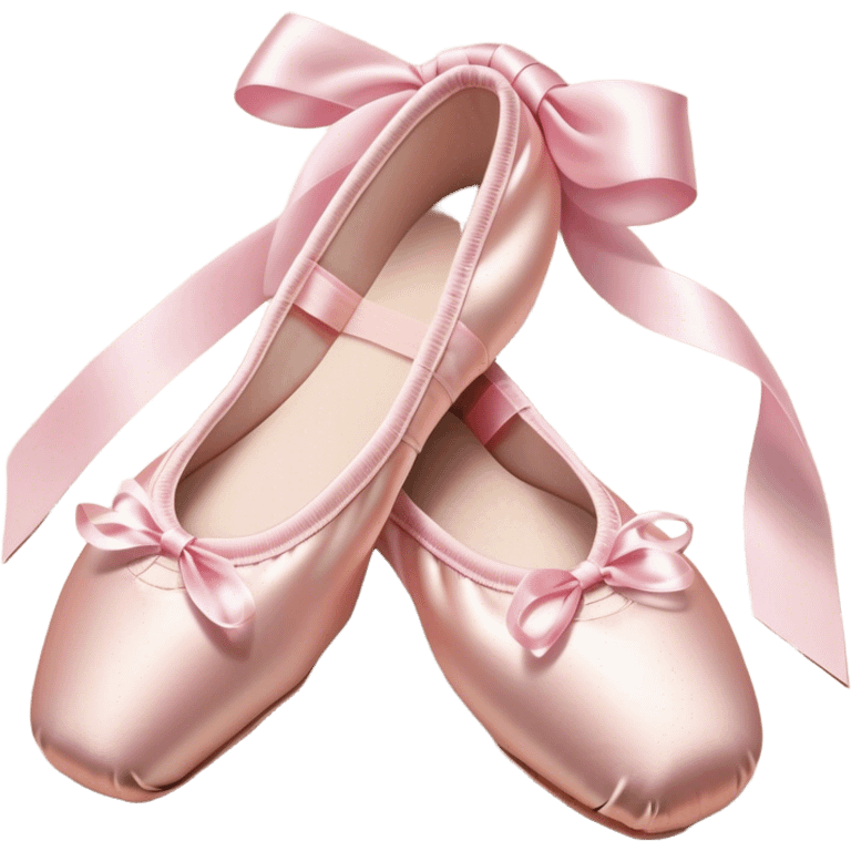 Cinematic Realistic Ballet Shoes, soft satin pink pointe shoes with delicate ribbons, resting gently on a polished wooden floor, subtle creases in the fabric, glowing under the warm golden light of a rehearsal studio, evoking elegance and grace. emoji