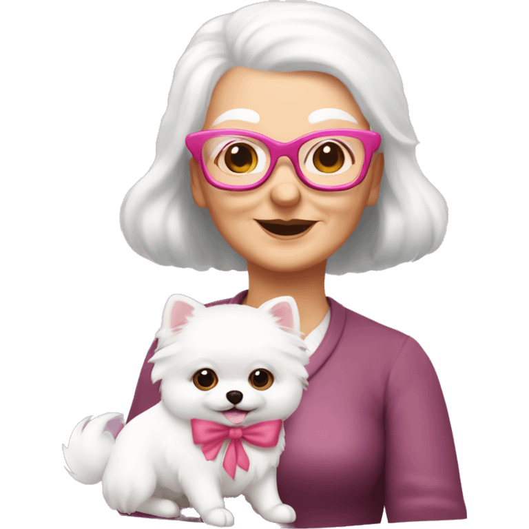 white old lady with glasses and red hair holding a cute white pomerania wearing a pink bow emoji