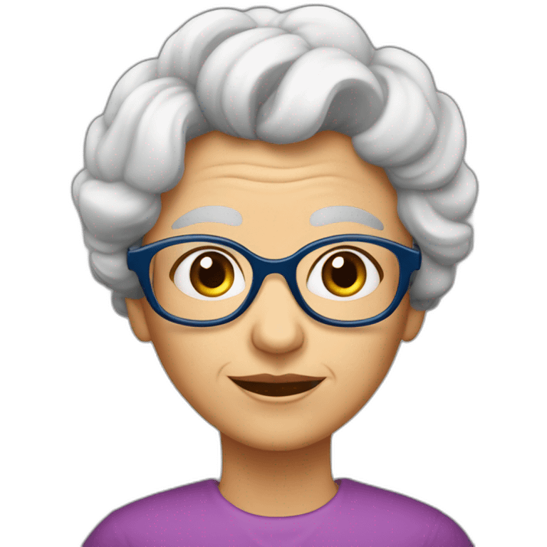 Abuela con pelo cano , cejas oscuras ,  lentes azules , emoji