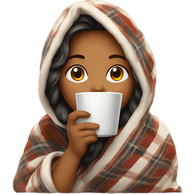 Beautiful girl wrapped in cozy plaid blanket drinking coffee emoji