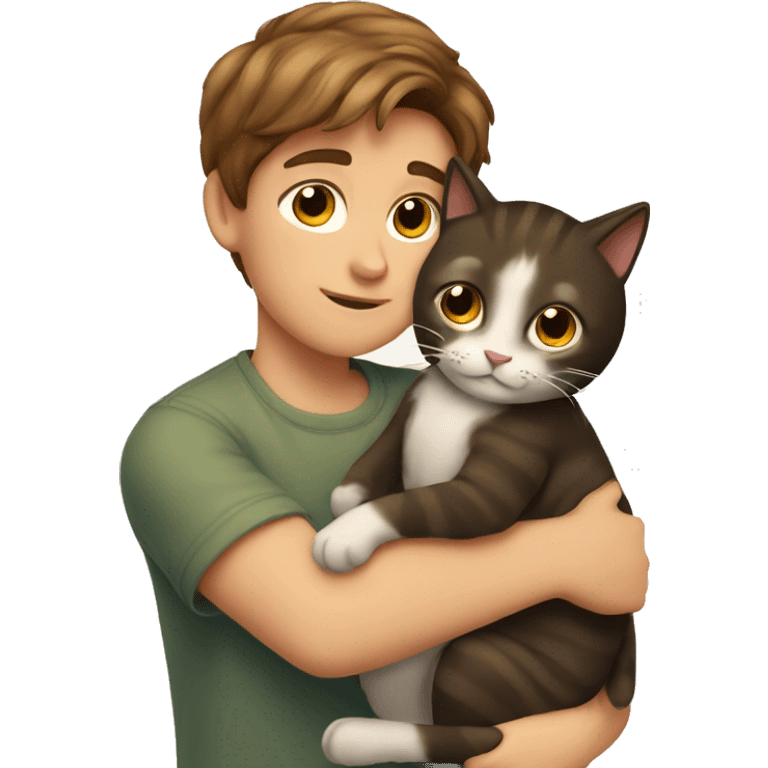 A boy with brown hair hugs a cat emoji