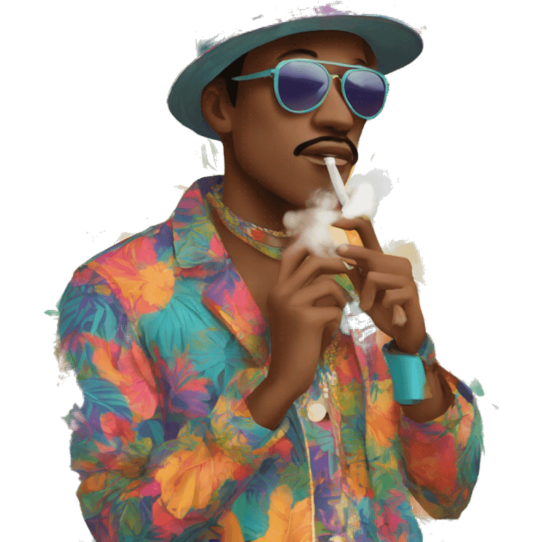 Person vaping wearing a colourful vibrant tropical patchwork of intricate vintage patterns, vape emoji