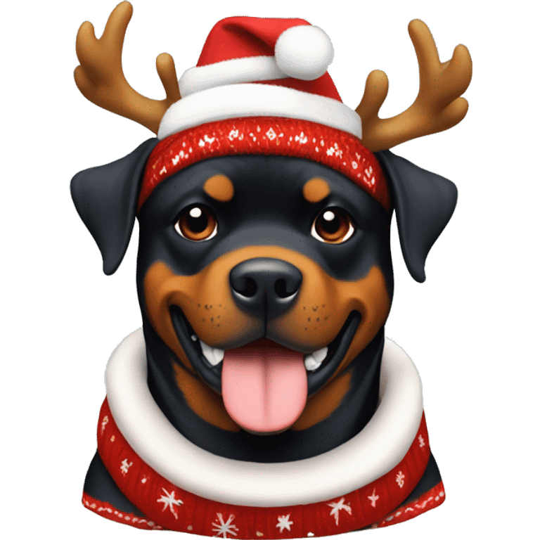 Rottweiler dog sitting in a Christmas sweater, with a headband with deer antlers on his head emoji