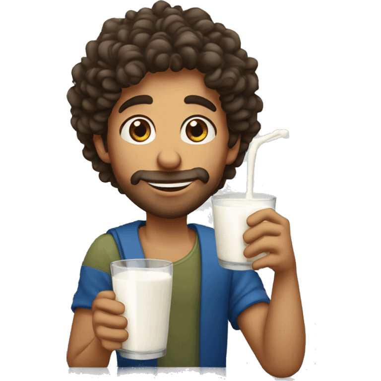 Mediterranean guy with curly hair drinking glass of milk emoji