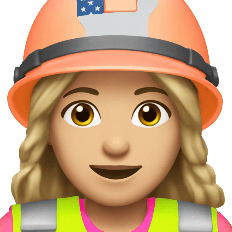 Jennifer Aniston is a construction worker wearing a neon pink safety vest with a hard hat and ear muffs. She has a patriotic patch on her vest  emoji