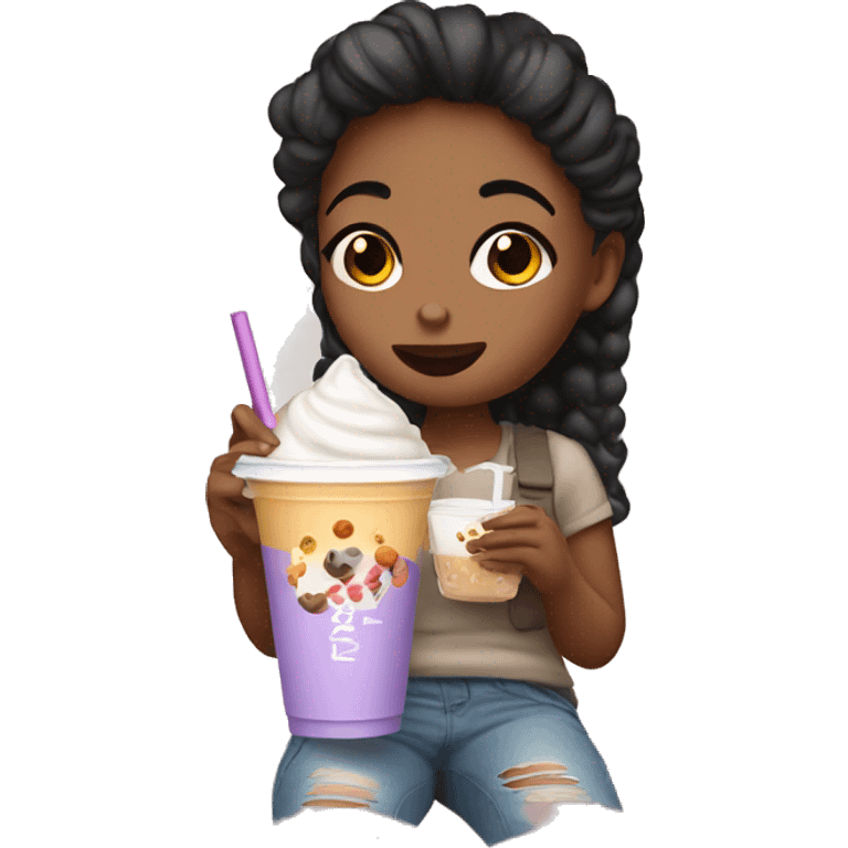 A girl eating wings and boba milk tea emoji