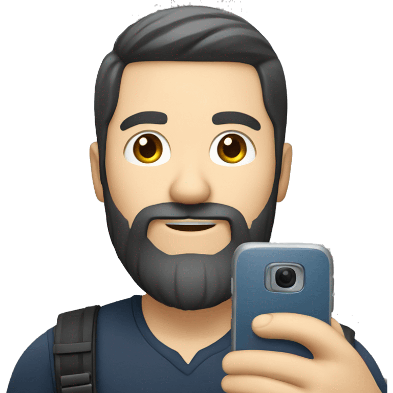 a caucasian man with black hair and beard taking a selfie with his phone emoji