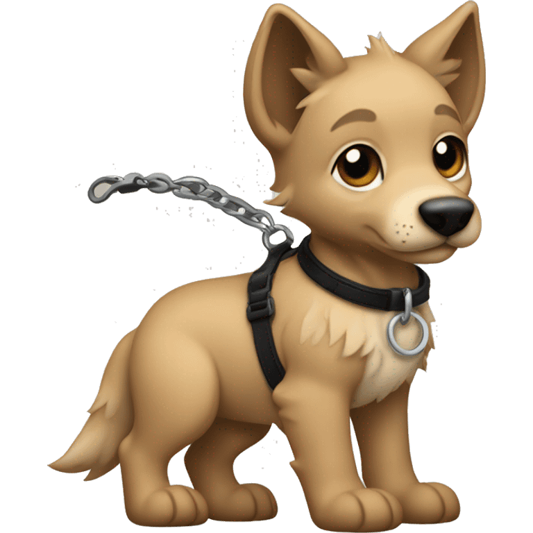 4 short legs a light brown puppy-like wolf with black hair on its ears with black leash  is walking emoji