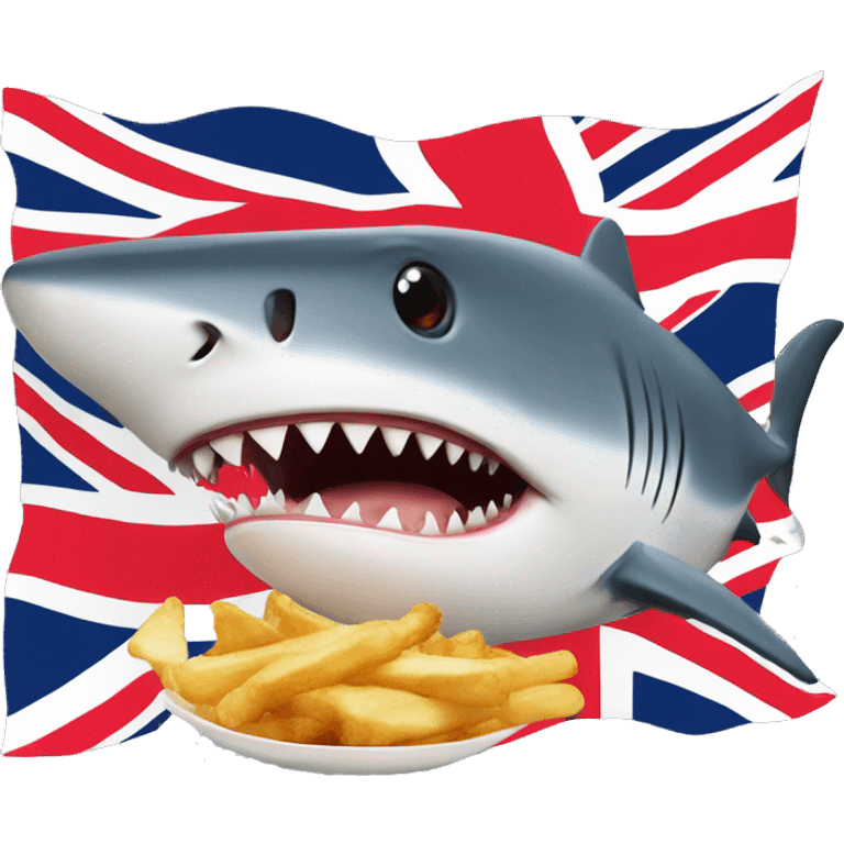  A British shark with a union jack patern hat who  eating fish and chips emoji