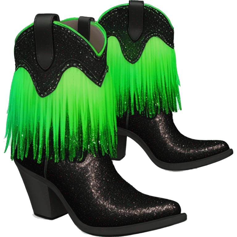 Realistic neon green to black ombre pair of fashion cowgirl boots with sparkly shiny glitter fringe on them. emoji