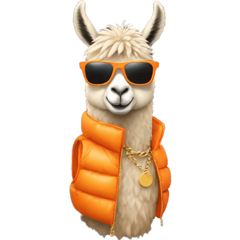 llama wearing an orange puffer vest and sun glasses gold chain emoji