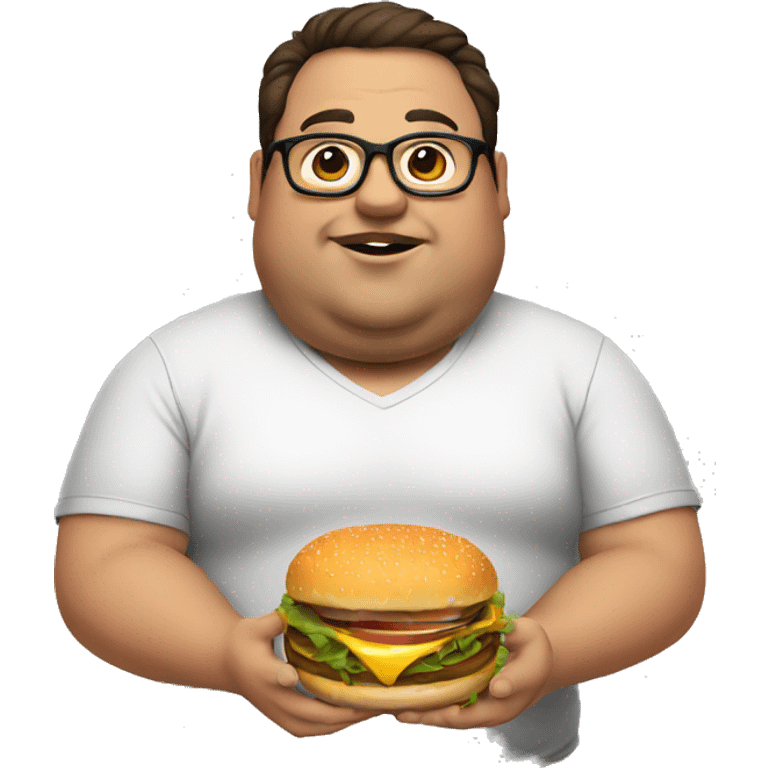 fat man, wearing eyeglasses, eating a burger, dark brown hair emoji