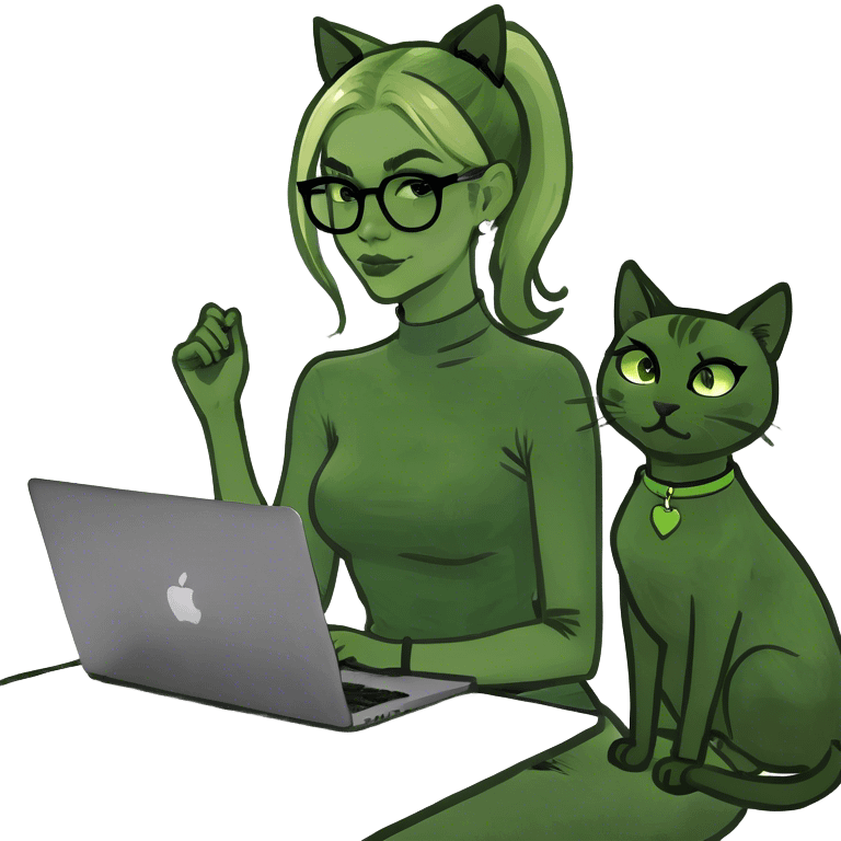 Blonde woman ponytail  with cat and MacBook  emoji