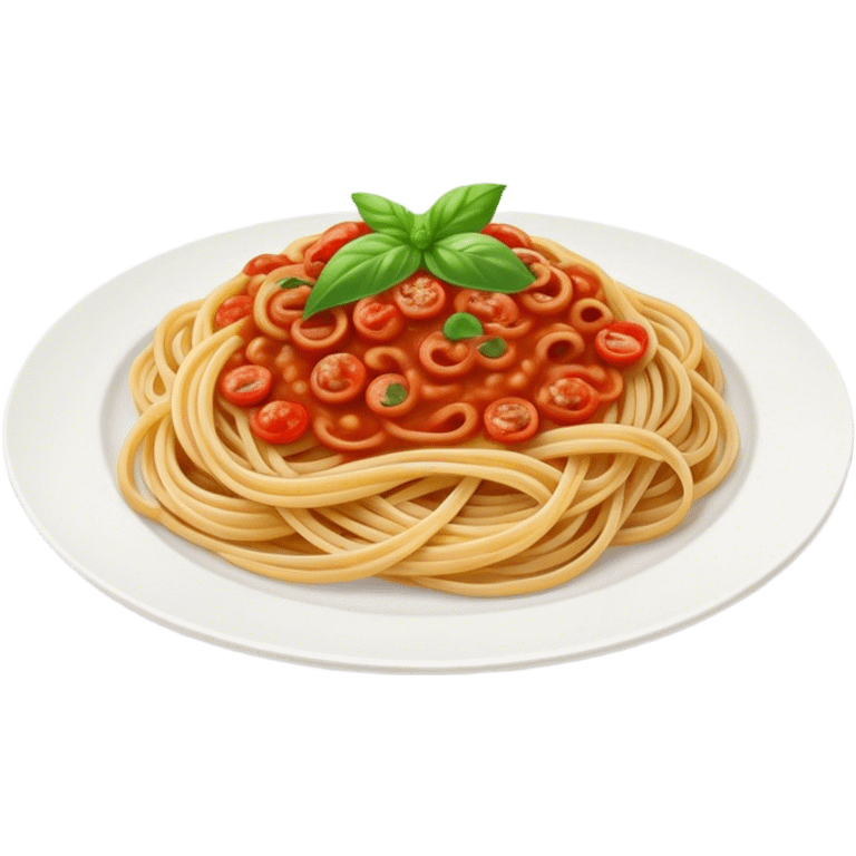 Spaghetti Napoli on a plate,nice basil on top emoji