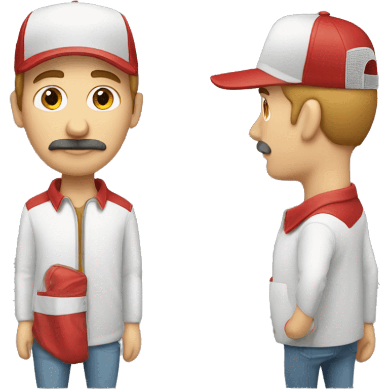 a white male wearing red with a moustache and a trucker hat emoji