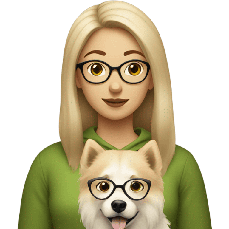 Brown light hair woman aux Green eyes with glasses Green eyes and White beige eurasier dog  emoji