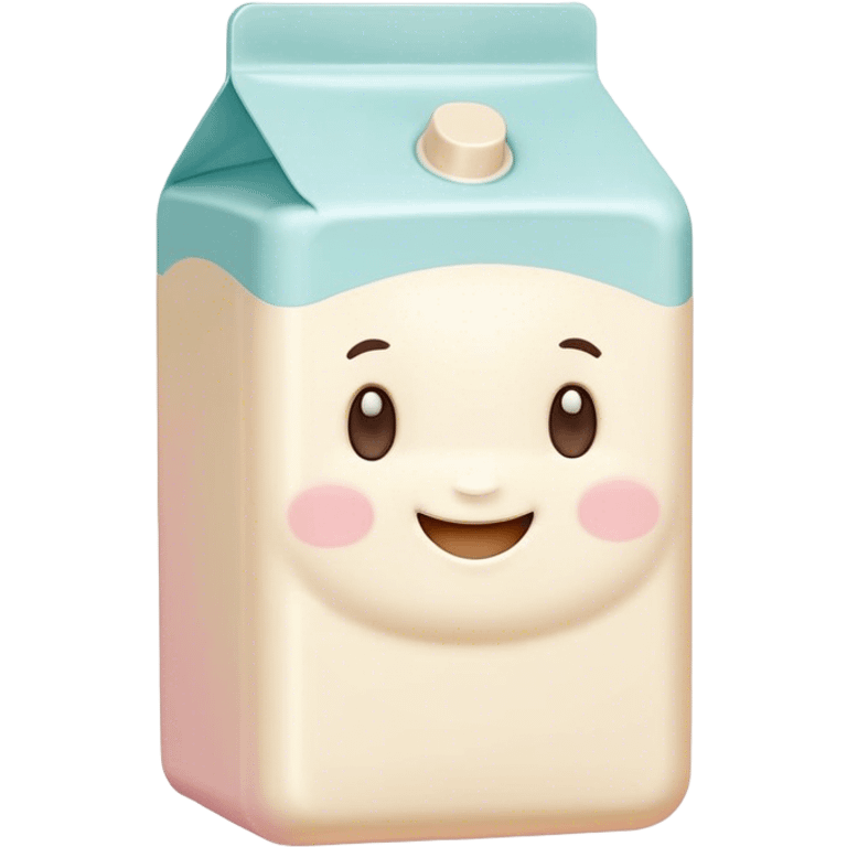 Cinematic adorable milk carton, soft pastel colors, tiny rounded edges, chubby smiling face, warm glowing highlights, gently tilting in a playful pose. emoji