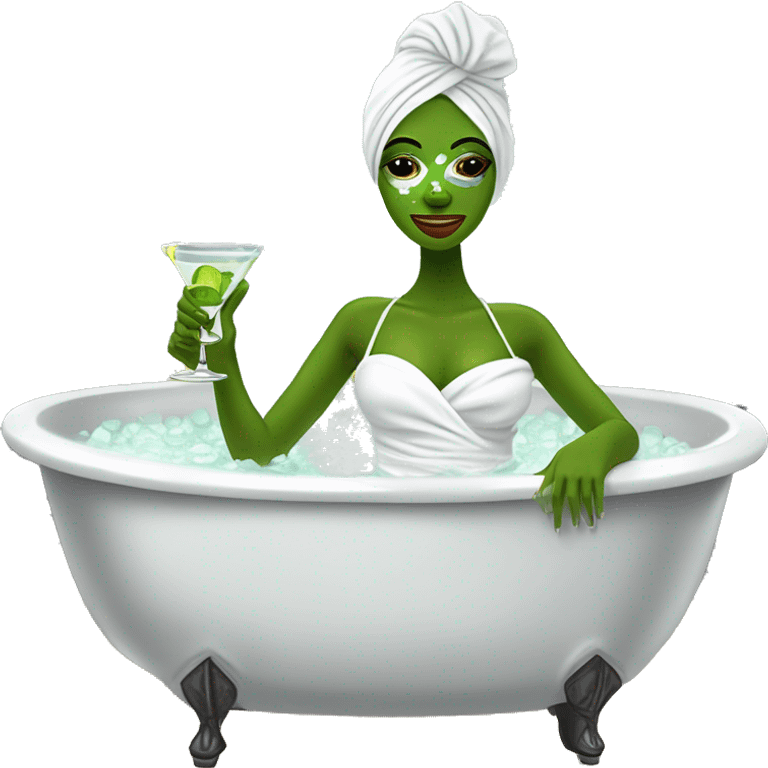 Girl with white towel wrapped around hair and cucumbers on eyes with green face mask and manicure  holding a martini glass and bottle in black high heels kicking feet out in bubble bathtub  emoji