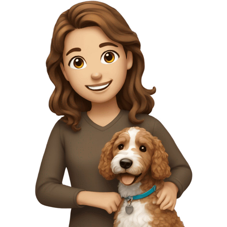 smiling girl with brown hair and golden doodle emoji