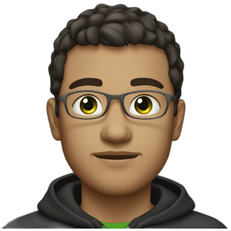 Programmer with dark fade haircut, green grey eyes without glasses in black hoodie emoji