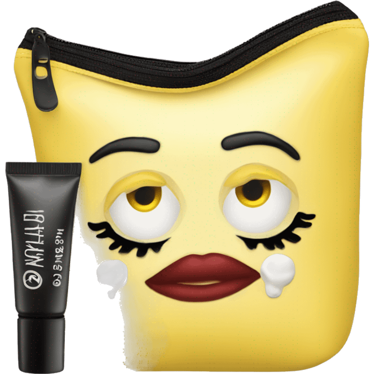 Yellow make up bag with lip gloss and mascara emoji