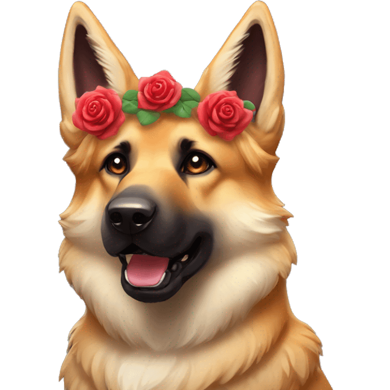 Brindled German shepherd fox carrying glowing red lantern, fairy lights, rose flower crown emoji