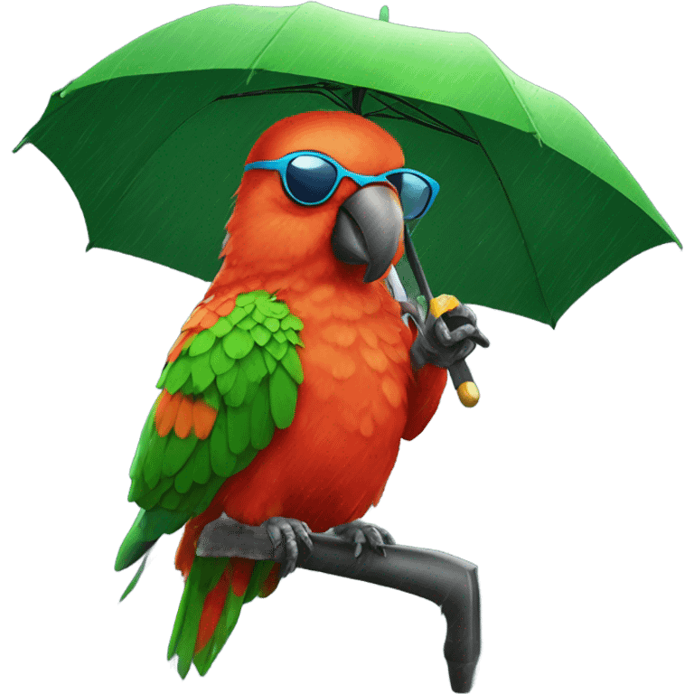 King parrot wearing sunglasses with an umbrella in the rain emoji