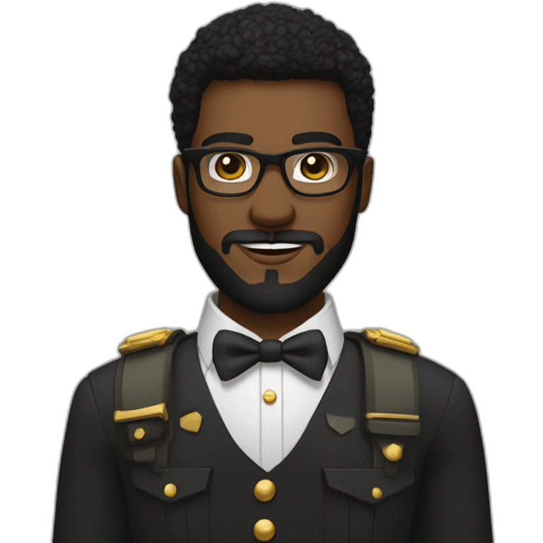 black soldier with beard, part in black hair, white collared shirt, bow tie, gold frame glasses, bulletproof vest  emoji