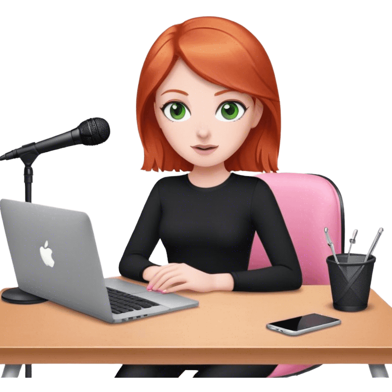 Redhead with green eyes sat at desk with pink MacBook and  podcast microphone black top and pink chair  emoji